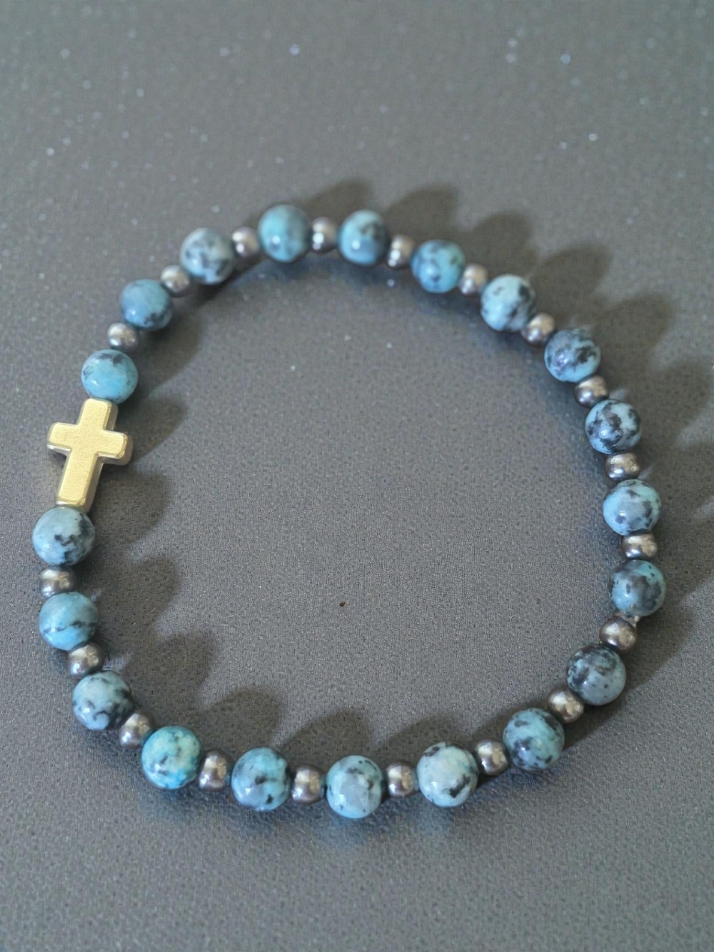 Handmade Gold Cross Picasso Jasper Hematite Stretch Bracelet